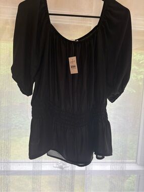LOFT Black Smocked-Waist Peasant Blouse